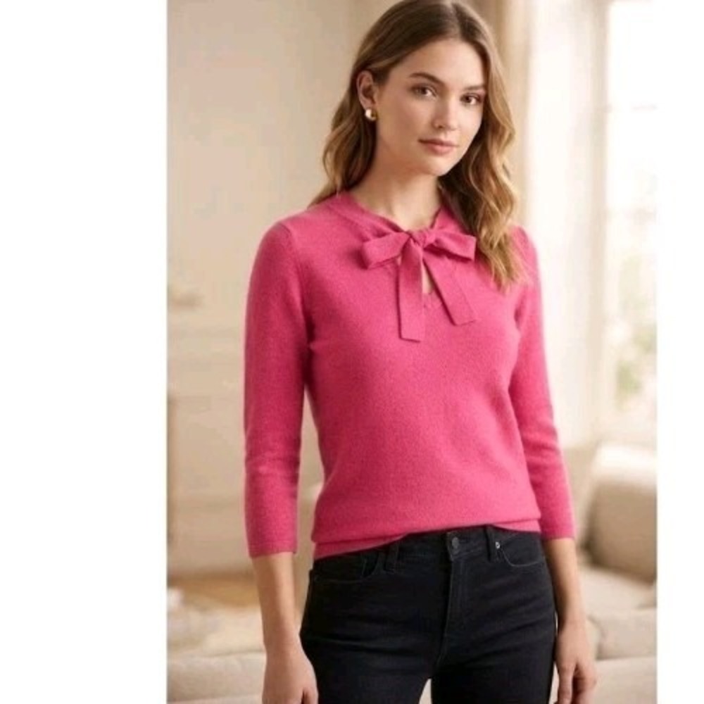 NWT Autumn Cashmere Pink Tie Neck 3/4 Sleeve Sweater Top Size S 100% Cashmere